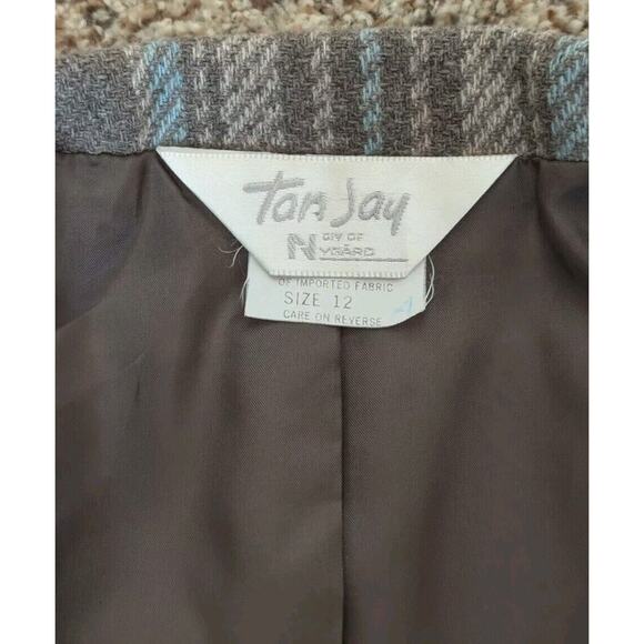 Vintage Tan Jay Women's Blazer Jacket Size 12 Gray Blue Plaid Wool Blend Lined - Picture 3 of 8